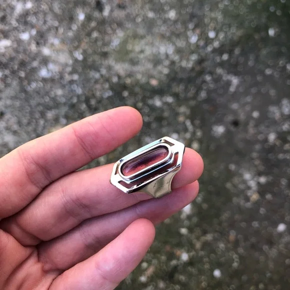 Silver Elongated Hexagon Ring with Peach Stone - Picture 13 of 15